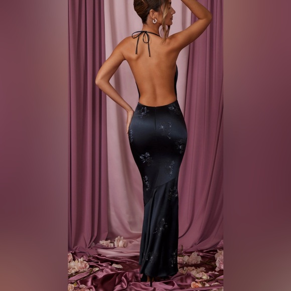 Black Satin Embellished Evening Gown - Picture 3 of 3